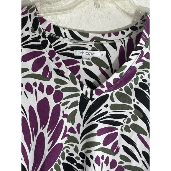 Chicos White Purple Olive Floral 3/4 Sleeve V-Neck Cotton Woman Sz 1 Medium Top - Picture 10 of 13